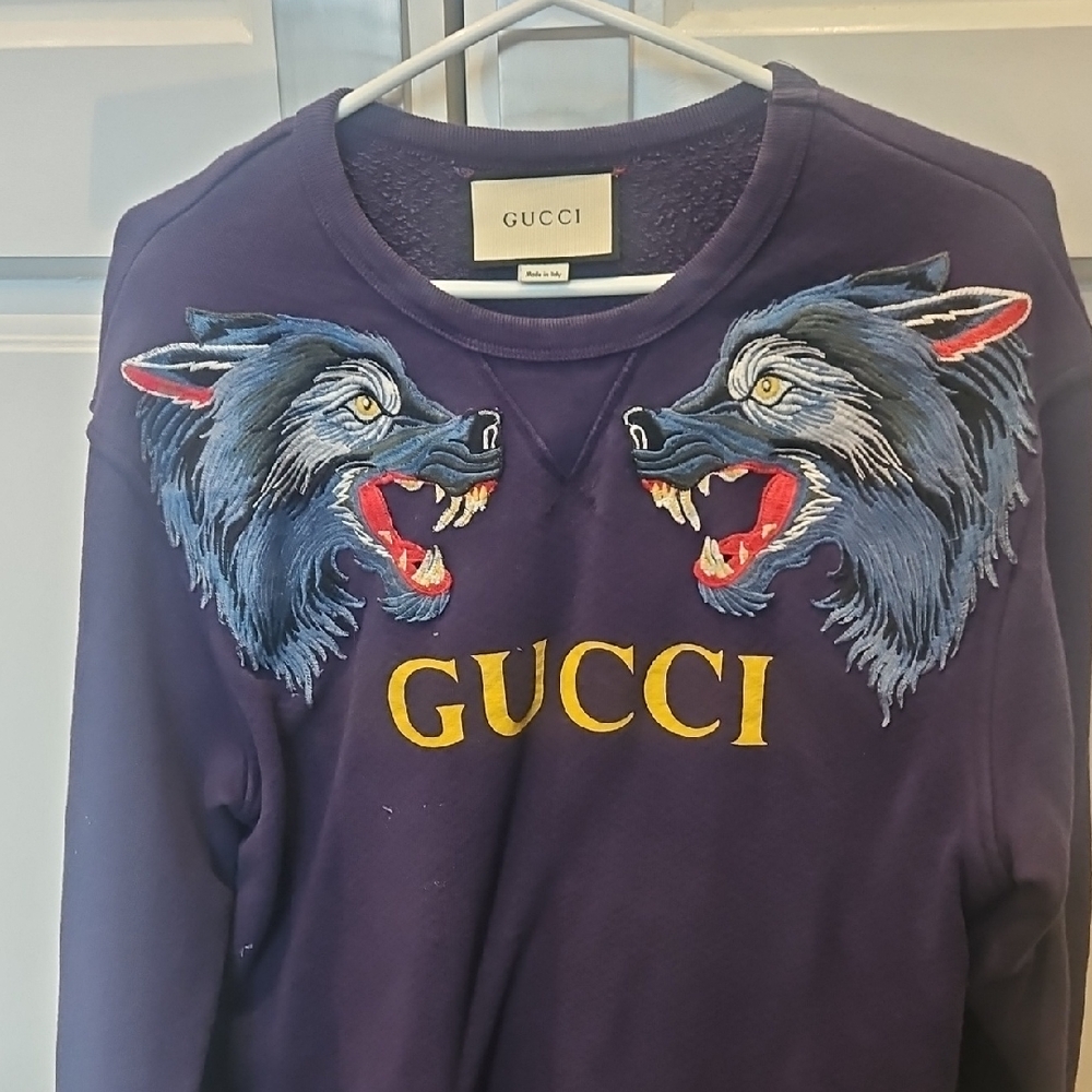 Gucci Navy Blue Sweatshirt with Embroidered Wolf Heads and Yellow Logo